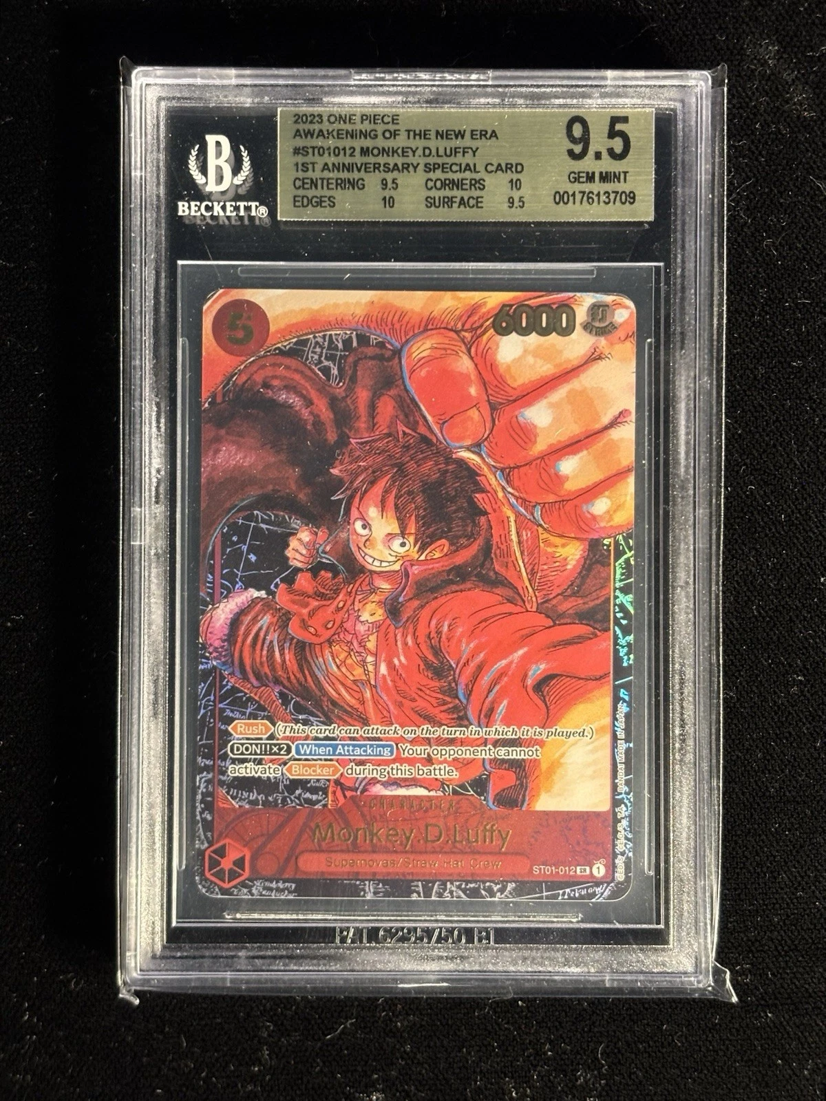 One Piece Awakening Monkey D. Luffy 1st Anniversary Special ST01-012 BGS 9.5 Gem 1 One Piece Awakening Monkey D. Luffy 1st Anniversary Special ST01-012 BGS 9.5 Gem